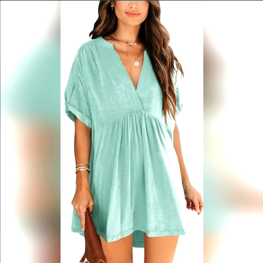 Women's size L/XL Babydoll Short Sleeve Tunic Dress V Neck Cute